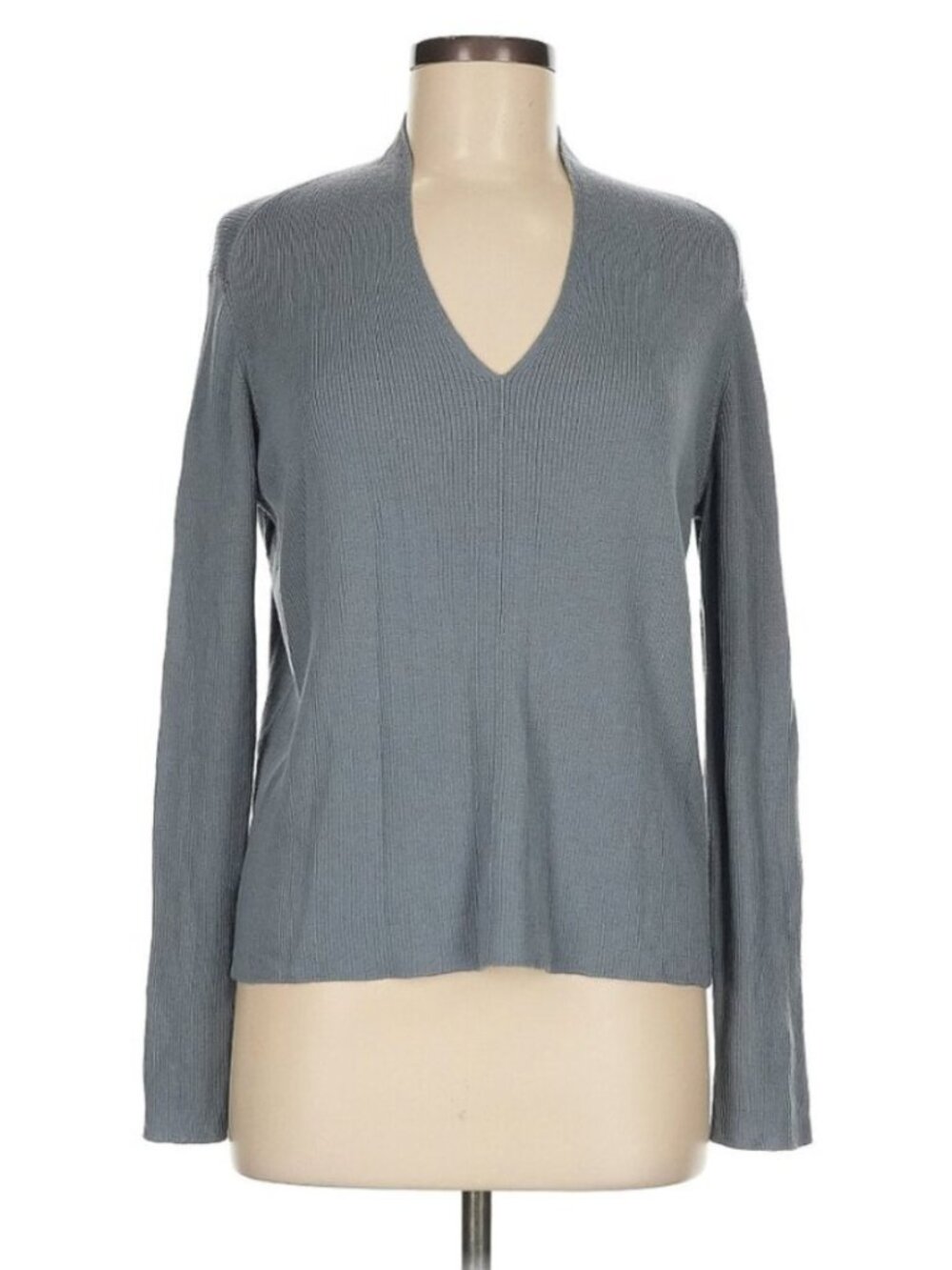 Max Mara Leisure 100% Wool Ribbed V-Neck Pullover Dove Gray Blue Fits Medium